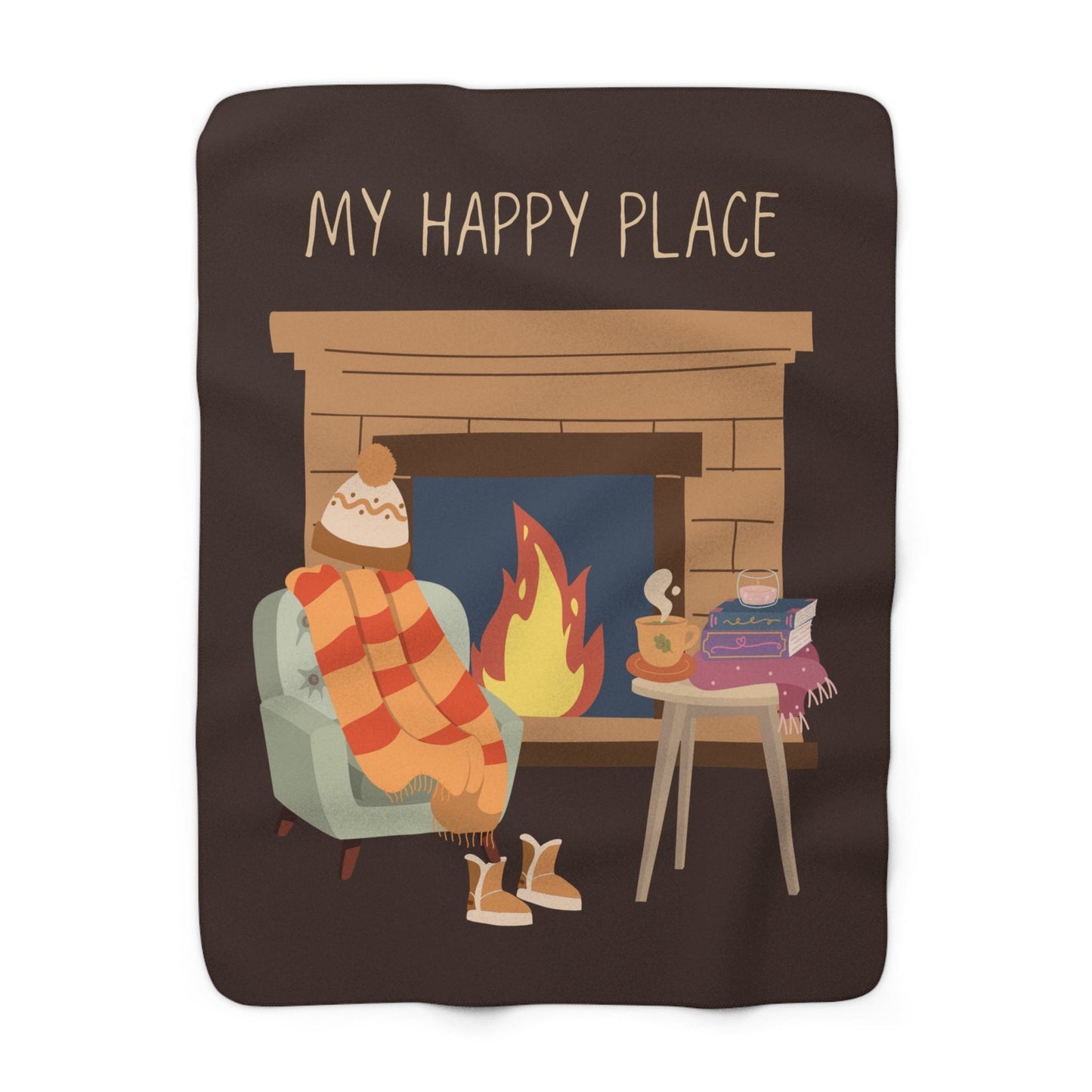 My Happy Place Fireplace books and hot drink Sherpa Fleece Blanket