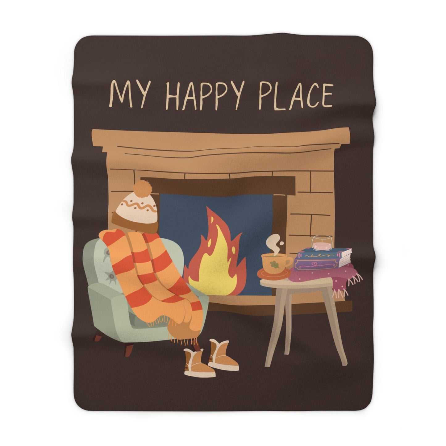 My Happy Place Fireplace books and hot drink Sherpa Fleece Blanket