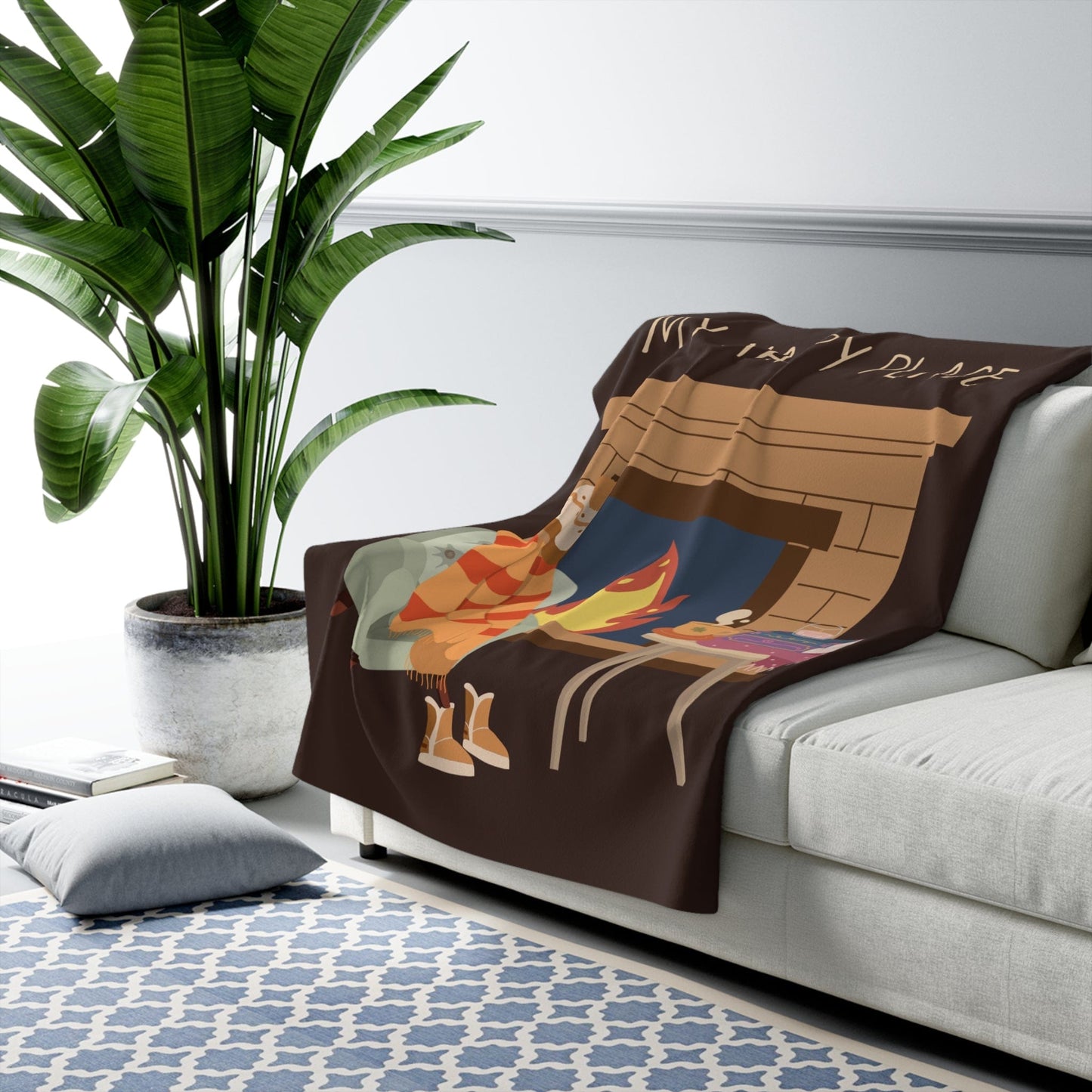 My Happy Place Fireplace books and hot drink Sherpa Fleece Blanket
